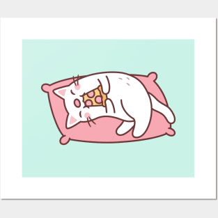 Cute White Cat Eating Pizza On Pillow Posters and Art